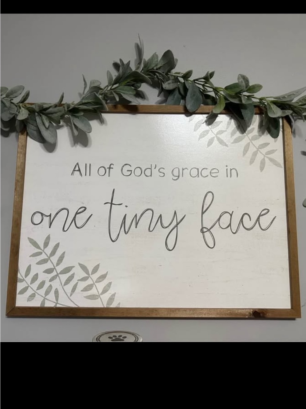Hobby Lobby White Framed Sign with Gray Script and Green Leaf Accents
